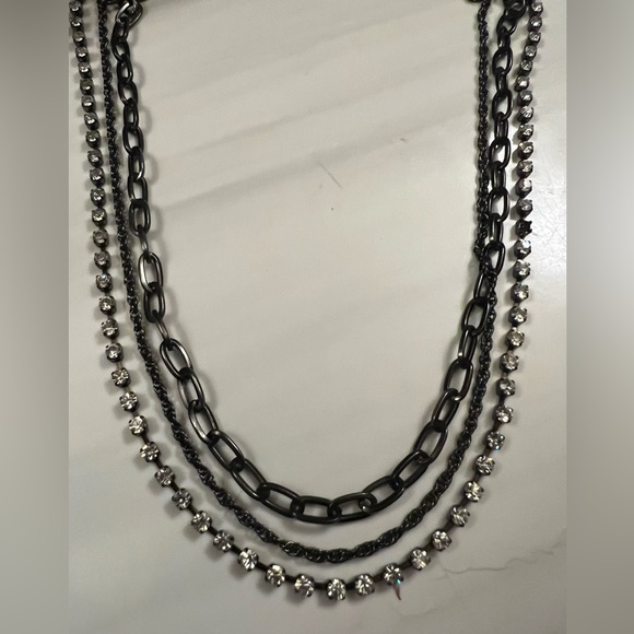 J Crew Rhinestone Multi Strand Necklace Gunmetal Black Chain Link - Picture 7 of 10